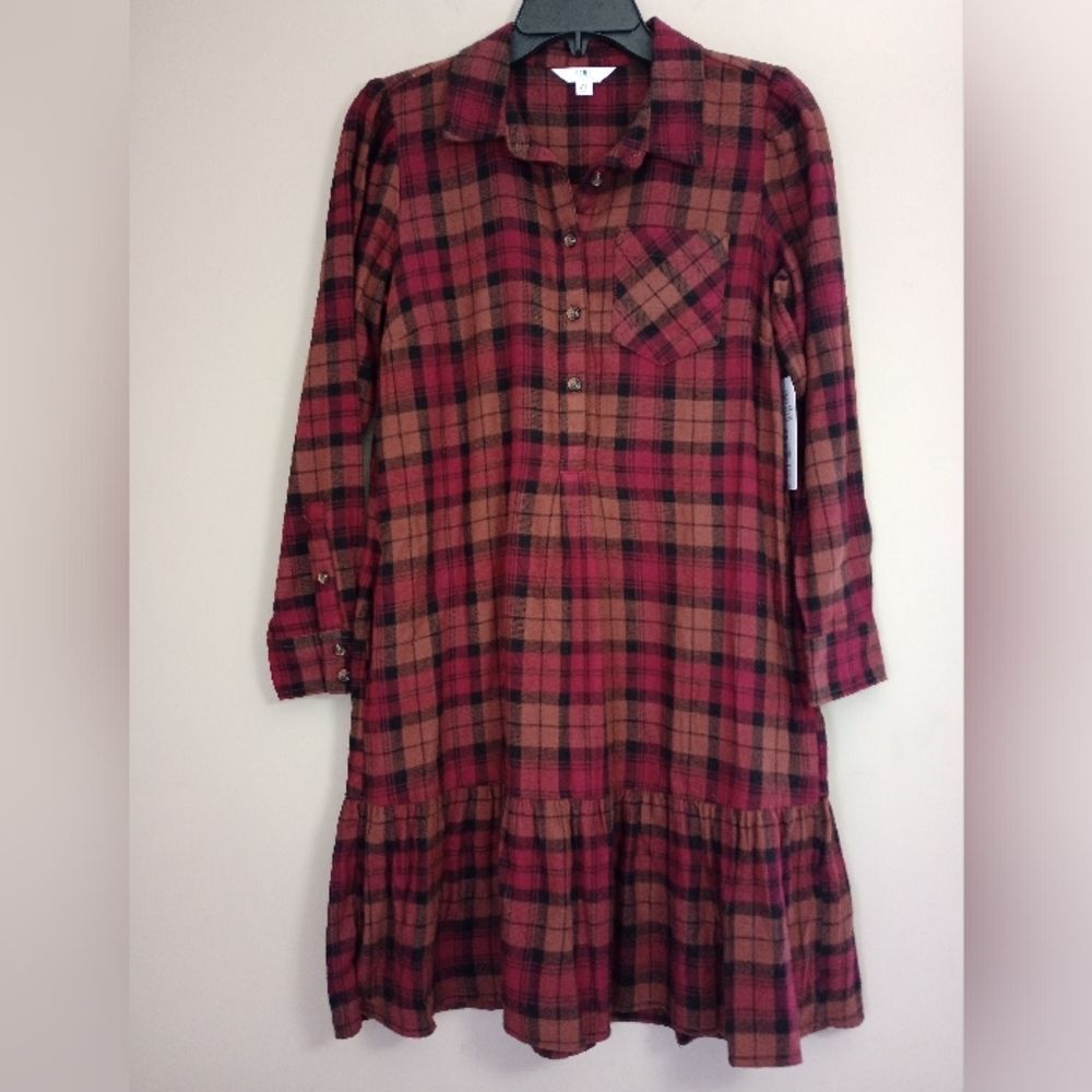 NWT Time and Tru Red Plaid Flannel Shirt Dress Drop Waist Size XS (0-2)